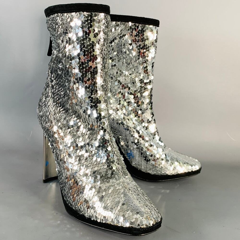 GIUSEPPE ZANOTTI Size 7.5 Silver Black Sequined Back Zip Booties